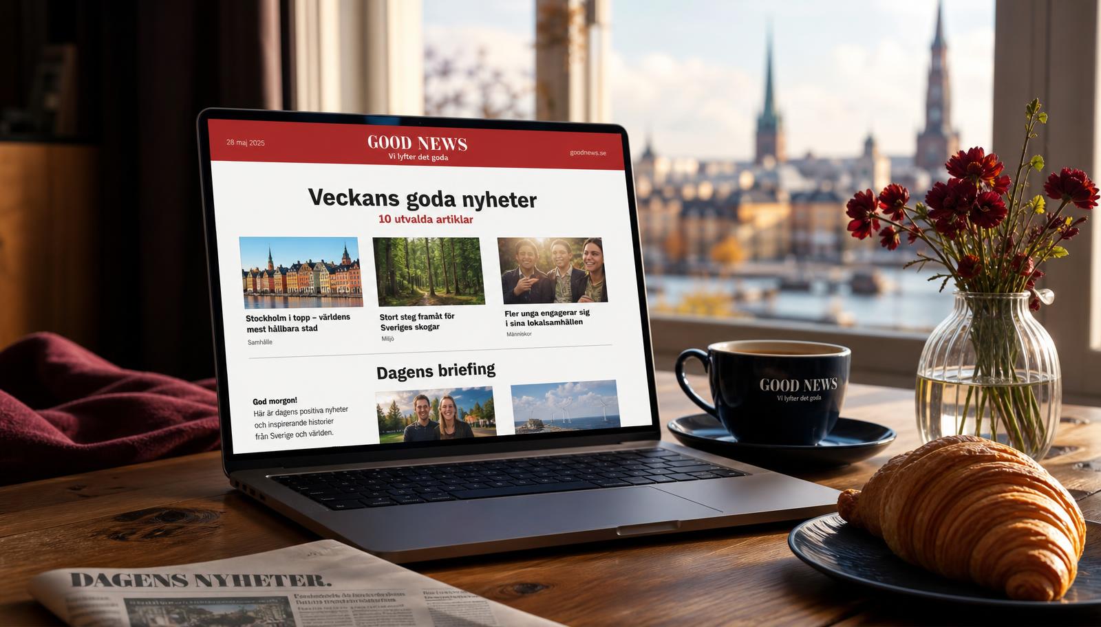 Laptop som visar GOOD NEWS svenska nyhetsbrev på ett frukostbord i morgonljus