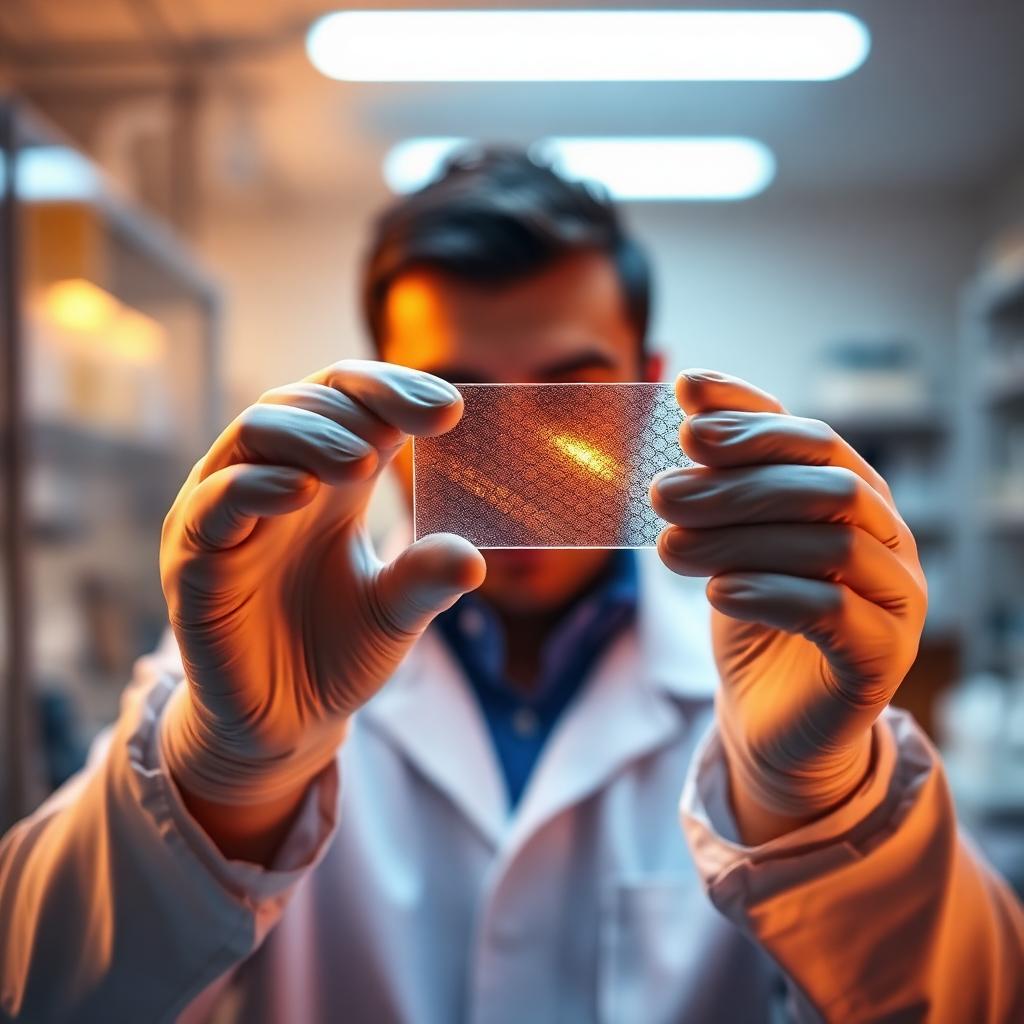Forskare håller upp en flexibel graftinfilm i laboratoriet